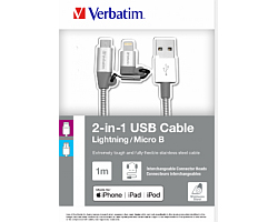 Verbatim Lighting + microB USB kabel Sync &amp; Charge, 2-u-1, 100cm, srebrni				